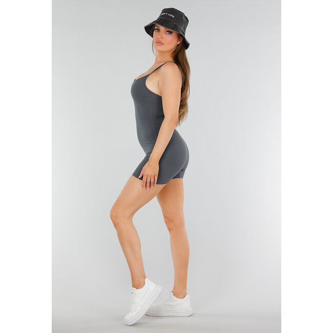 Grauer Playsuit mit Rippenstruktur, Stretch und geradem Ausschnitt