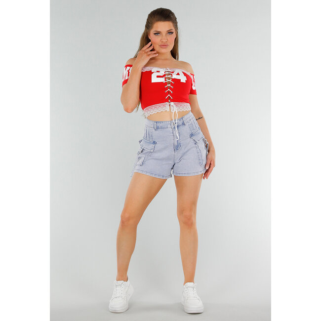 Rotes Croptop mit weißen Details, Stretch und Schnürung vorne