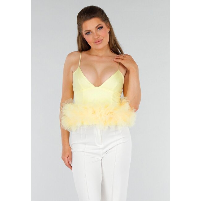 Buttergelbes Tank Top mit V-Ausschnitt und Tüllunterteil mit Stretch