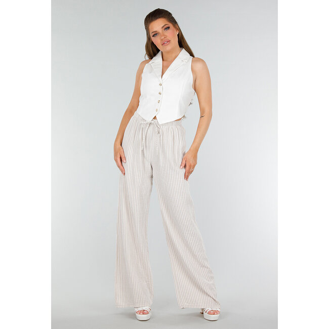 Beige-weiße Hose aus Baumwolle mit vertikalen Streifen und Stretch