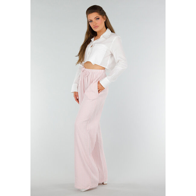 Hellrosa Weiße Baumwollhose mit Streifen und Stretch