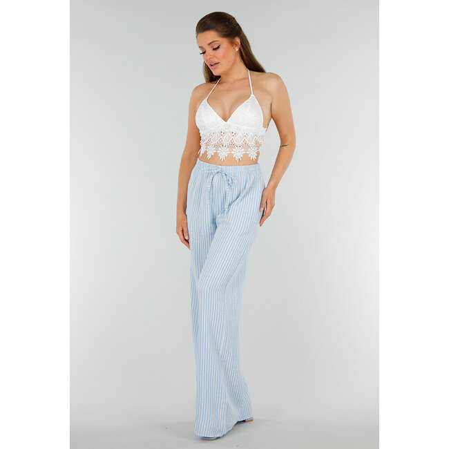 Hellblaue weiße Baumwollhose mit dekorativer Schleife und Stretch