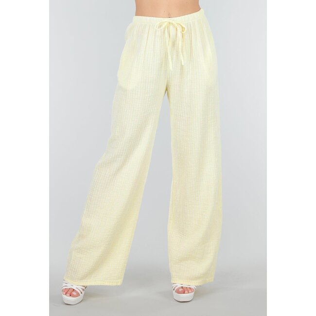 Gelbe weiße Baumwollhose mit hoher Taille und dekorativer Schleife