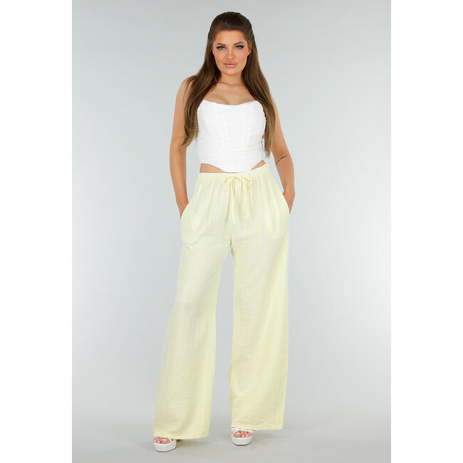 Gelbe weiße Baumwollhose mit hoher Taille und dekorativer Schleife