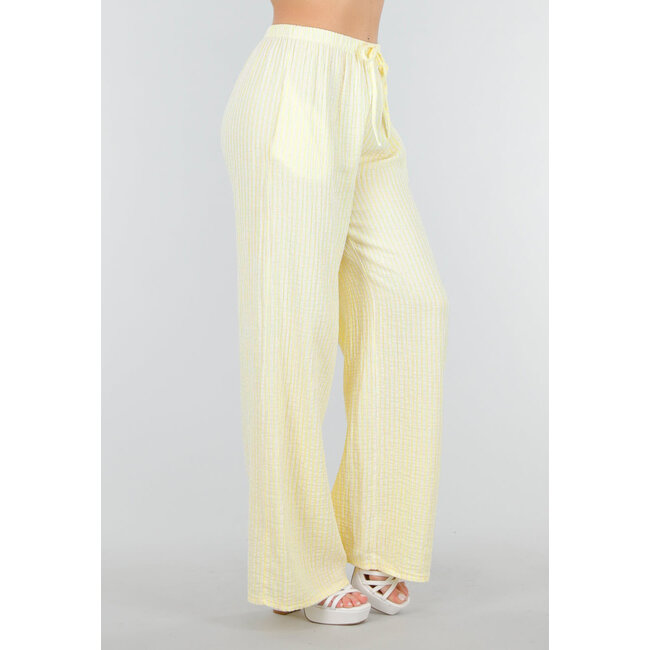 Gelbe weiße Baumwollhose mit hoher Taille und dekorativer Schleife