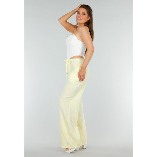 Gelbe weiße Baumwollhose mit hoher Taille und dekorativer Schleife