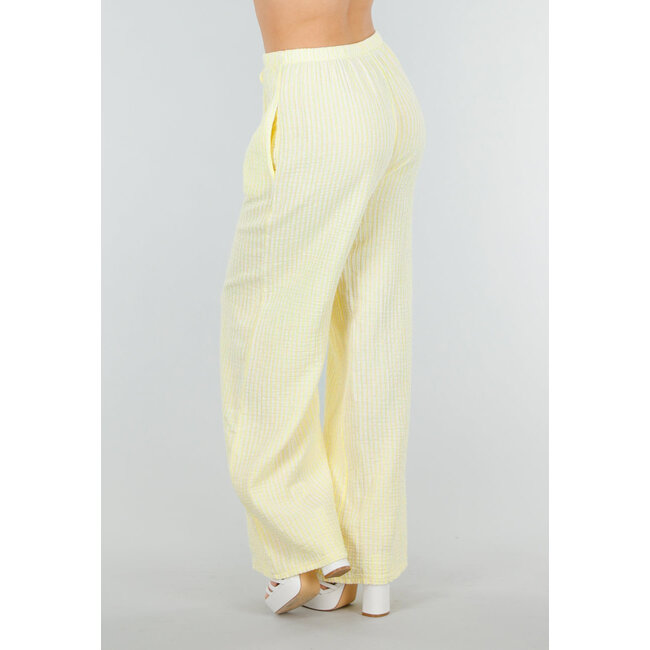 Gelbe weiße Baumwollhose mit hoher Taille und dekorativer Schleife