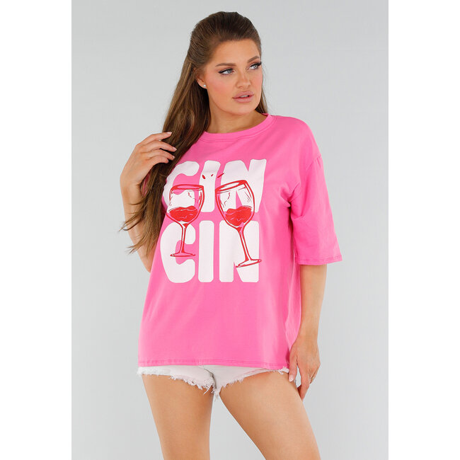 Rosa T-Shirt aus Baumwolle in Übergröße mit Cin-Cin-Druck und Stretch