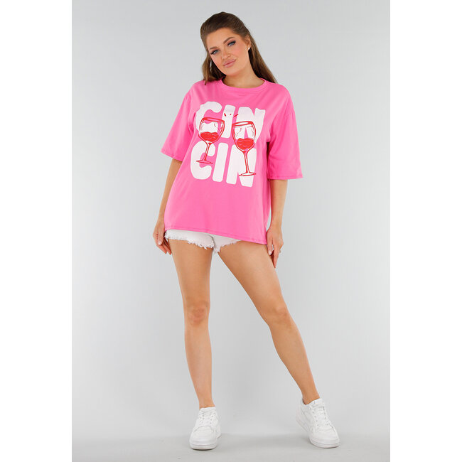 Rosa T-Shirt aus Baumwolle in Übergröße mit Cin-Cin-Druck und Stretch