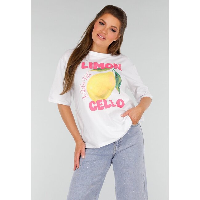 Weißes Oversized T-Shirt mit Stretch, Limoncello-Print und Zitrone