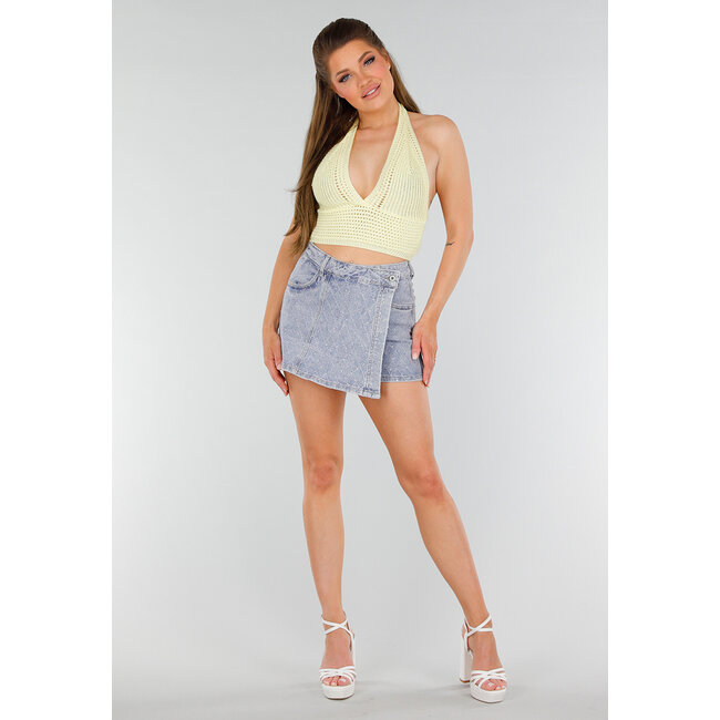 Blauer Denim-Skort mit Strass, Stretch und hohem Taillenabschluss