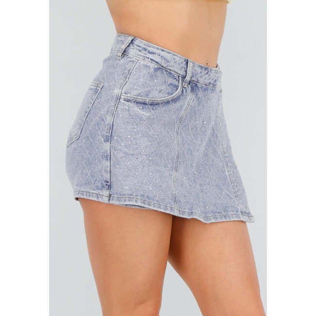 Blauer Denim-Skort mit Strass, Stretch und hohem Taillenabschluss