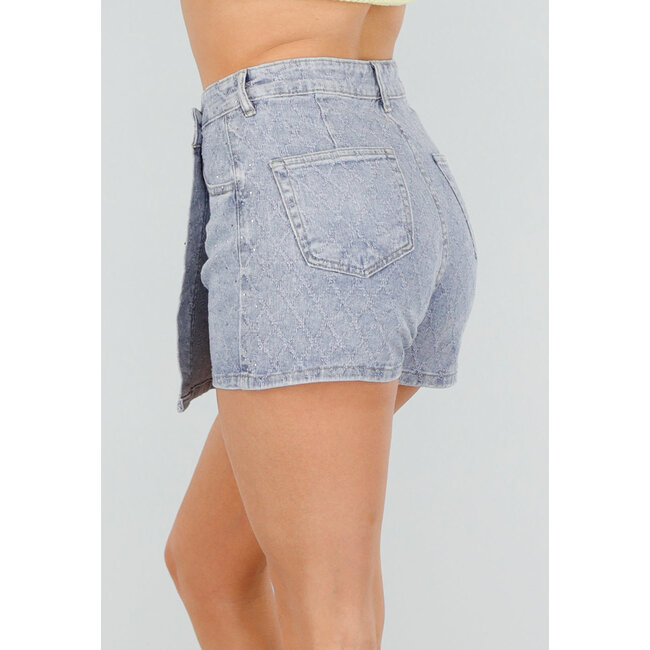 Blauer Denim-Skort mit Strass, Stretch und hohem Taillenabschluss