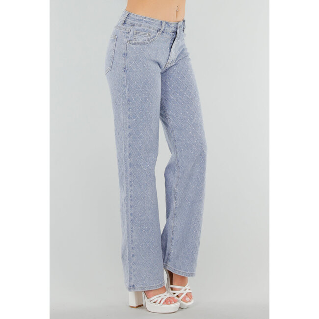 Blaue Strassjeans mit mittlerer Taille und gerader Stretch-Passform