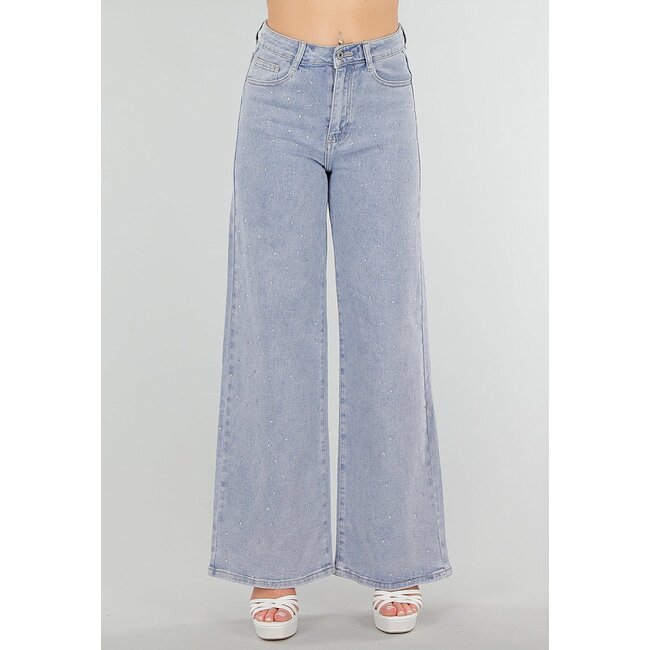 Blaue Denim-Jeans mit Strass, hoher Taille und gerader Stretch-Passform
