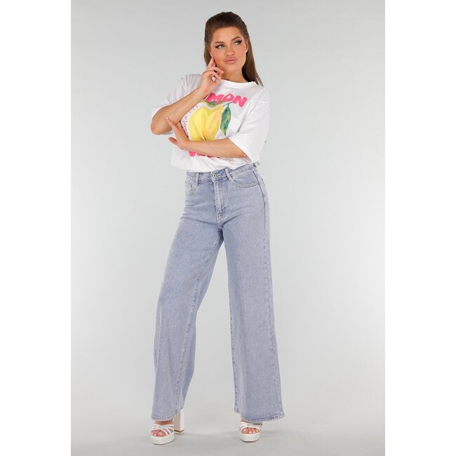 Blaue Denim-Jeans mit Strass, hoher Taille und gerader Stretch-Passform