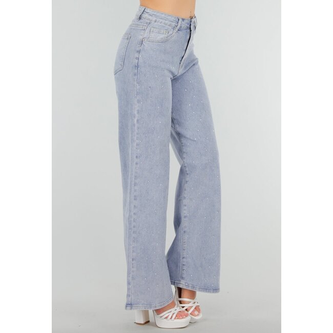 Blaue Denim-Jeans mit Strass, hoher Taille und gerader Stretch-Passform