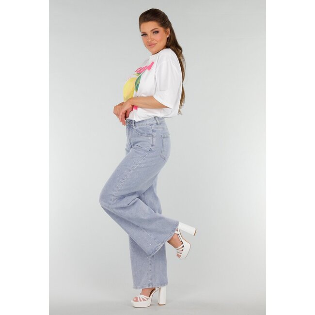 Blaue Denim-Jeans mit Strass, hoher Taille und gerader Stretch-Passform