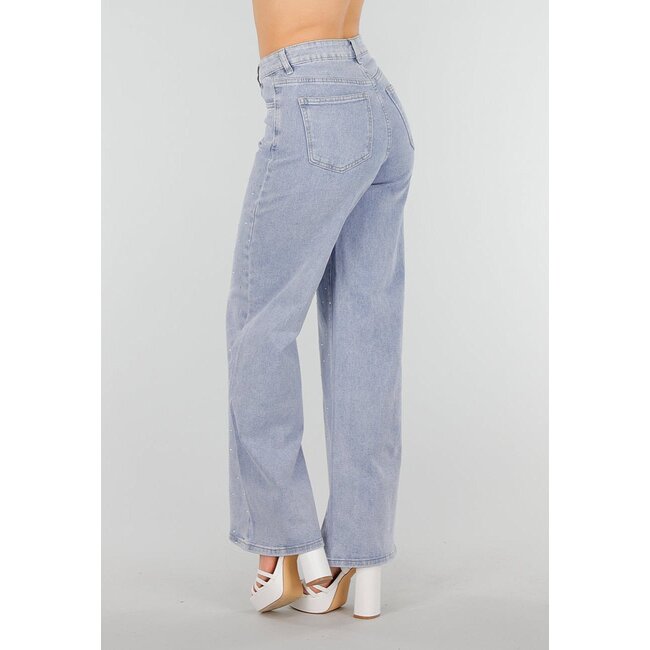 Blaue Denim-Jeans mit Strass, hoher Taille und gerader Stretch-Passform
