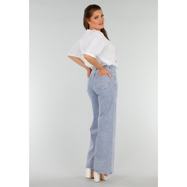 Blaue Denim-Jeans mit Strass, hoher Taille und gerader Stretch-Passform