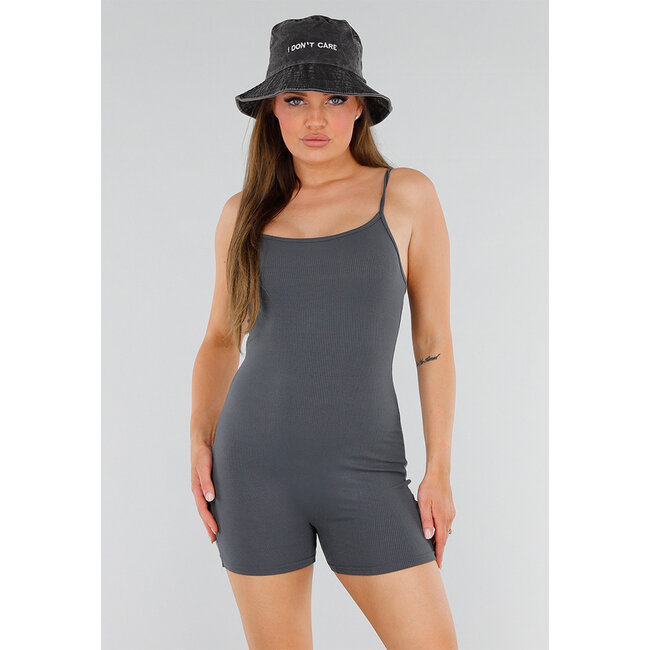 Grauer Playsuit mit Rippenstruktur, Stretch und geradem Ausschnitt