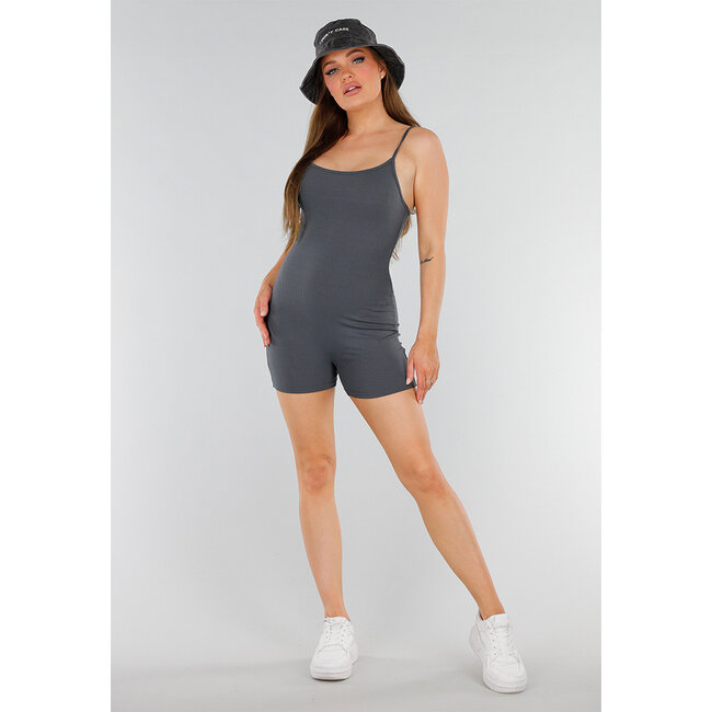 Grauer Playsuit mit Rippenstruktur, Stretch und geradem Ausschnitt
