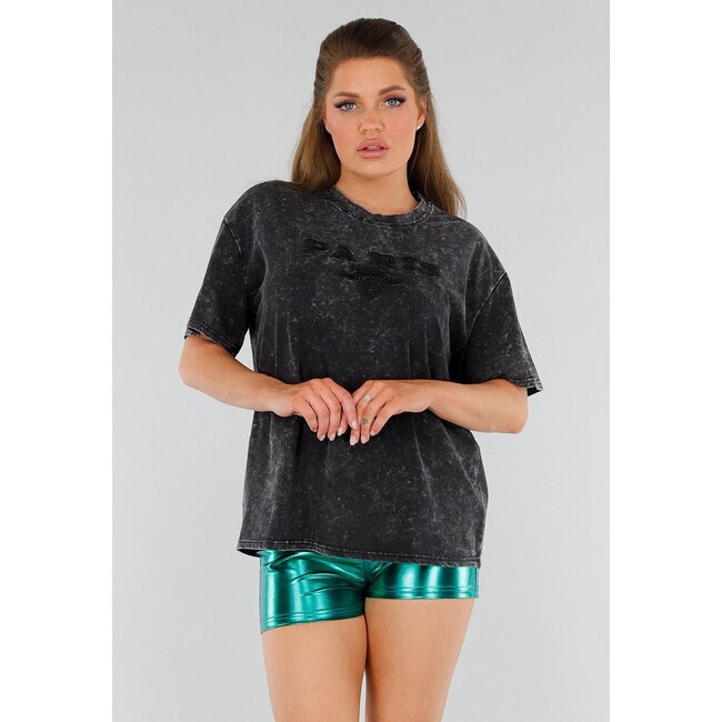 Schwarzes T-Shirt aus Baumwolle in Übergröße mit Stretch und Ton-Sur-Ton