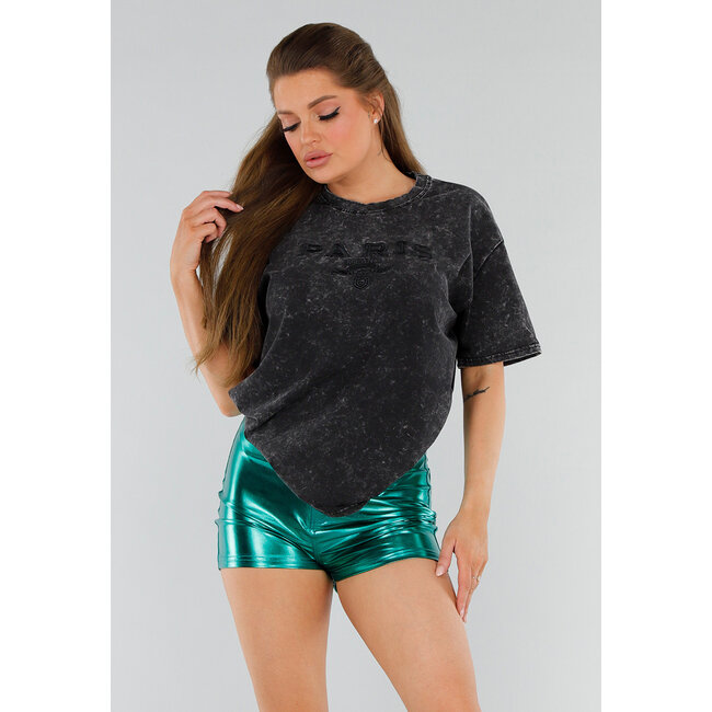 Schwarzes T-Shirt aus Baumwolle in Übergröße mit Stretch und Ton-Sur-Ton