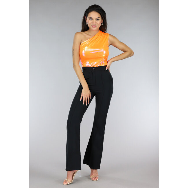 Orangefarbener holografischer Metallic-Bodysuit mit einer Schulter