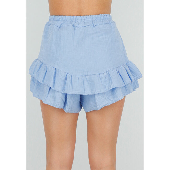 Hellblaue Baumwoll-Rüschen-Shorts in Leinenoptik