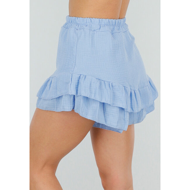 Hellblaue Baumwoll-Rüschen-Shorts in Leinenoptik