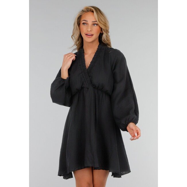 Schwarzes kurzes Kleid mit V-Ausschnitt, Puffärmeln und Rüschenausschnitt
