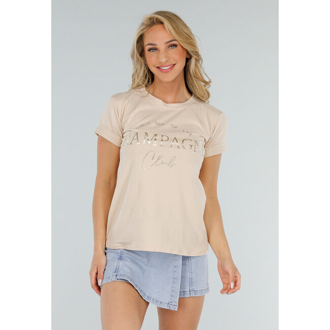Beigefarbenes T-Shirt mit goldenem Champagne Club-Aufdruck