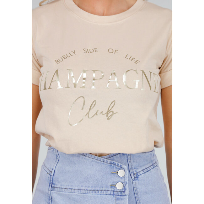 Beigefarbenes T-Shirt mit goldenem Champagne Club-Aufdruck