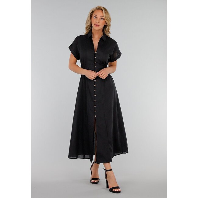 Schwarzes Midi-Hemdkleid mit Knopfverschluss und Gummizug in der Taille
