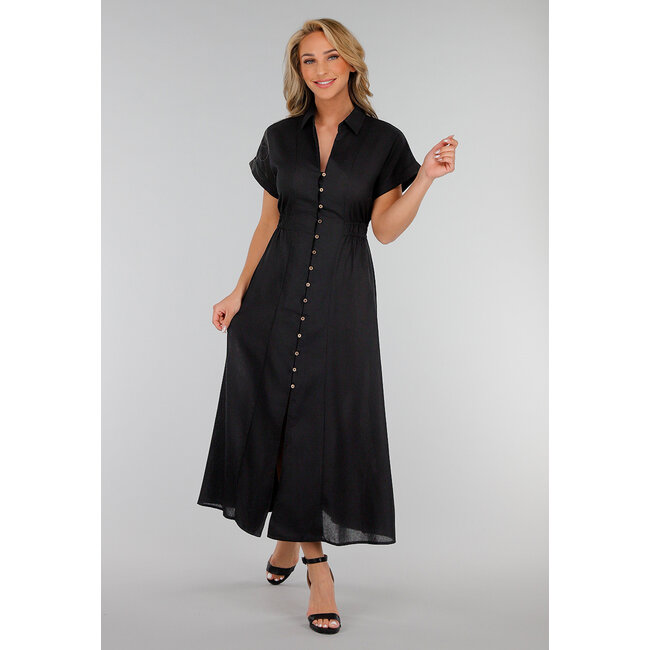 Schwarzes Midi-Hemdkleid mit Knopfverschluss und Gummizug in der Taille
