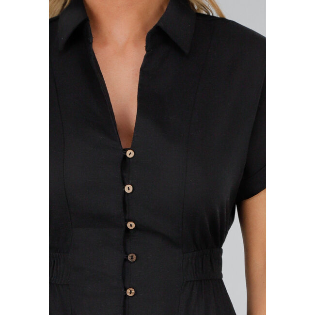 Schwarzes Midi-Hemdkleid mit Knopfverschluss und Gummizug in der Taille