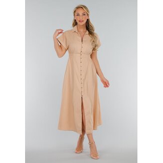 Beigefarbenes Knopfkleid in Leinenoptik mit elastischer Taille