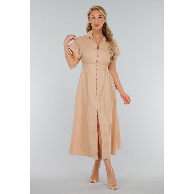Beigefarbenes Midikleid in Leinenoptik mit Kragen und Knöpfen
