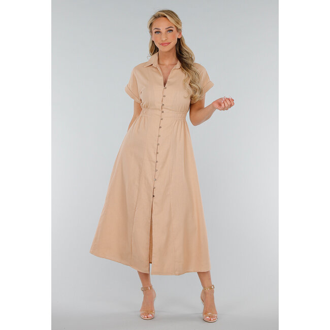Beigefarbenes Midikleid in Leinenoptik mit Kragen und Knöpfen