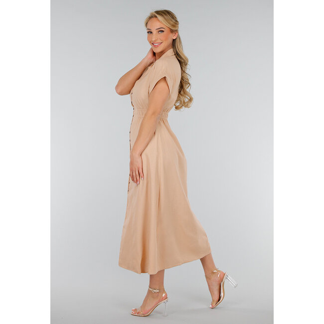 Beigefarbenes Midikleid in Leinenoptik mit Kragen und Knöpfen
