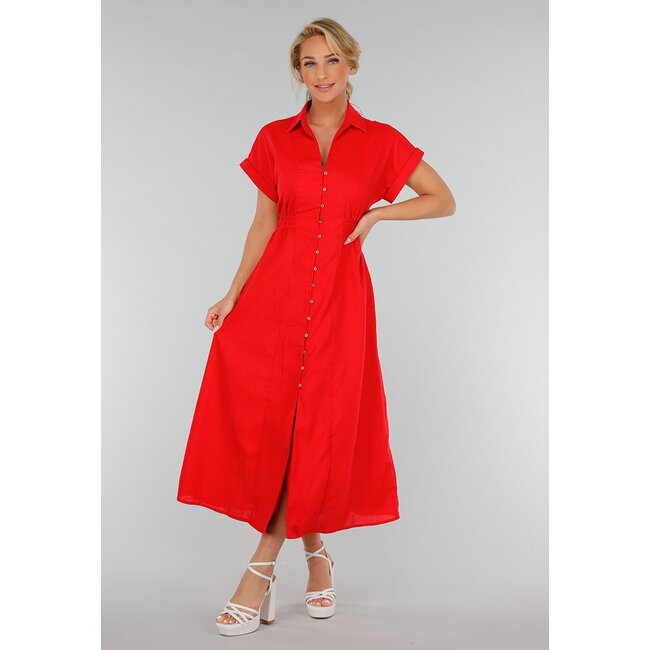 Rotes Midi-Hemdkleid mit Knopfverschluss und Gummizug in der Taille