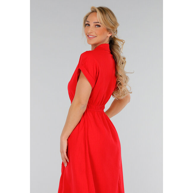 Rotes Midi-Hemdkleid mit Knopfverschluss und Gummizug in der Taille