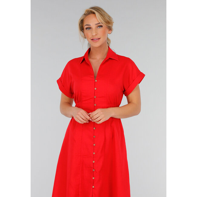 Rotes Midi-Hemdkleid mit Knopfverschluss und Gummizug in der Taille
