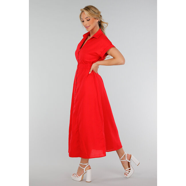 Rotes Midi-Hemdkleid mit Knopfverschluss und Gummizug in der Taille