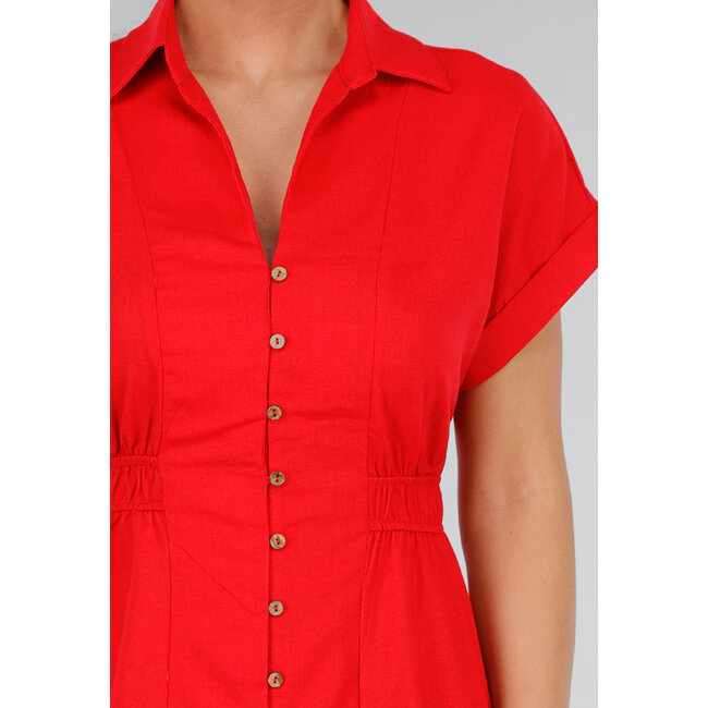 Rotes Midi-Hemdkleid mit Knopfverschluss und Gummizug in der Taille