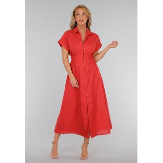 Korallenrotes Knopfkleid in Leinenoptik