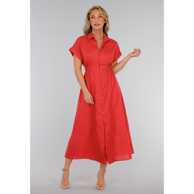 Korallenrotes Midi-Knopfkleid mit Kragen und Leinenoptik