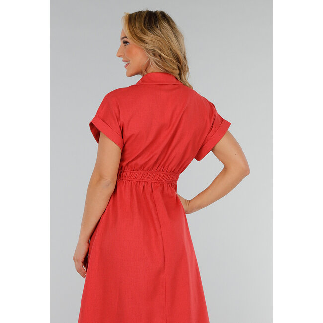 Korallenrotes Midi-Knopfkleid mit Kragen und Leinenoptik