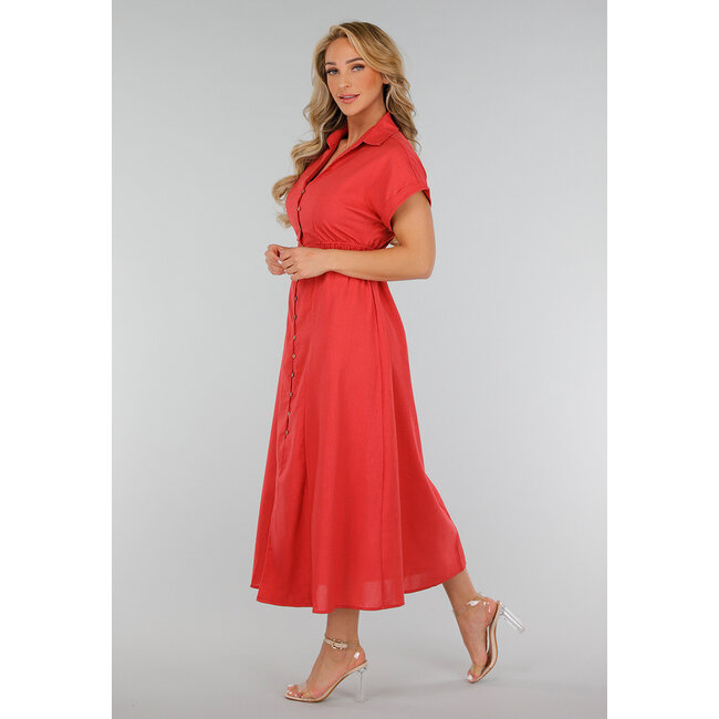 Korallenrotes Midi-Knopfkleid mit Kragen und Leinenoptik
